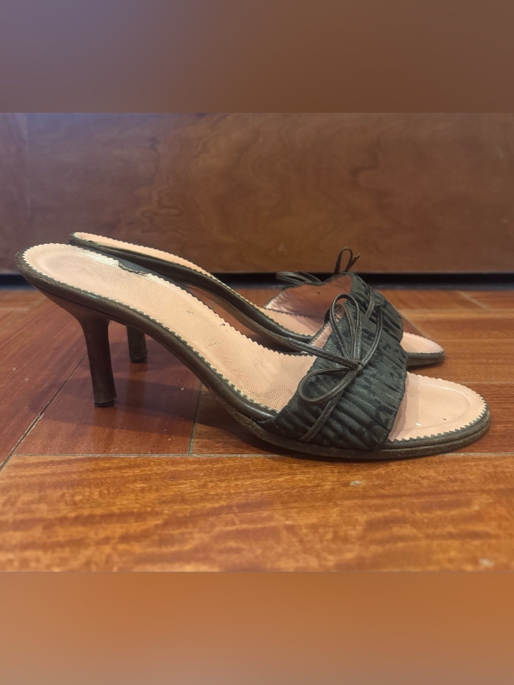 Vintage Gucci Monogram Ruched Kitten Heel Sandals Brown Wood Size 7B